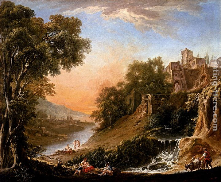 Figures Resting On The Banks Of A River, A Waterfall In The Foreground painting - Nicolas-Jacques Juliard Figures Resting On The Banks Of A River, A Waterfall In The Foreground art painting